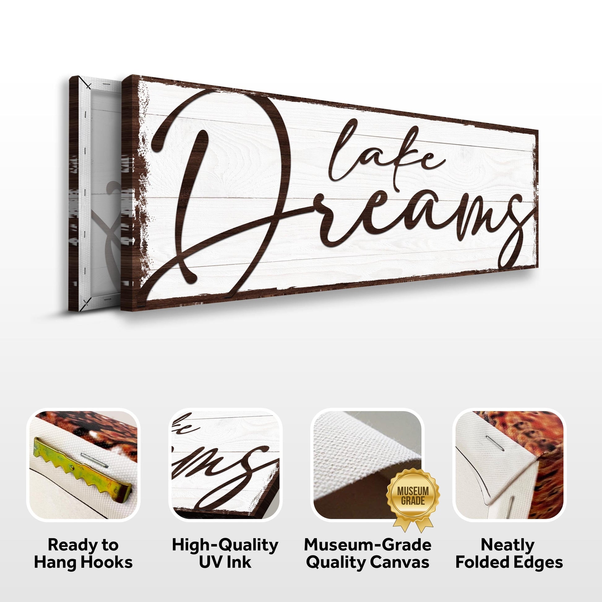 Lake Dreams Sign canvas on whitewashed wood with brown script, Tailored Canvases on Tampa Home & Garden Store