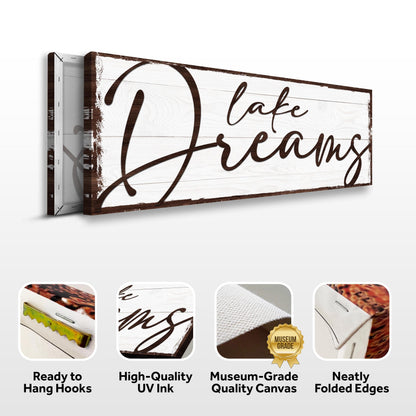 Lake Dreams Sign canvas on whitewashed wood with brown script, Tailored Canvases on Tampa Home & Garden Store