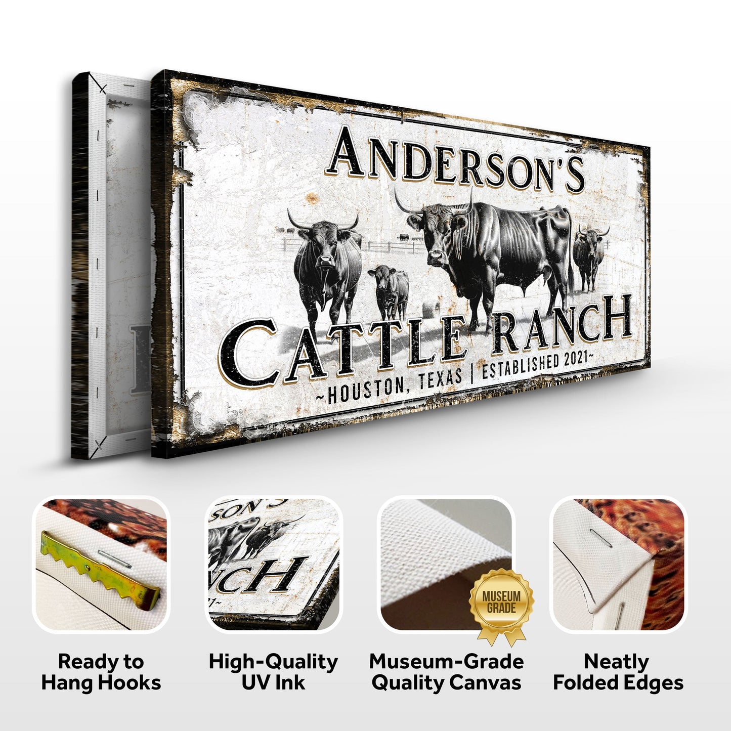 Personalized cattle sign canvas by Tailored Canvases with rustic distressed frame on Tampa Home & Garden Store
