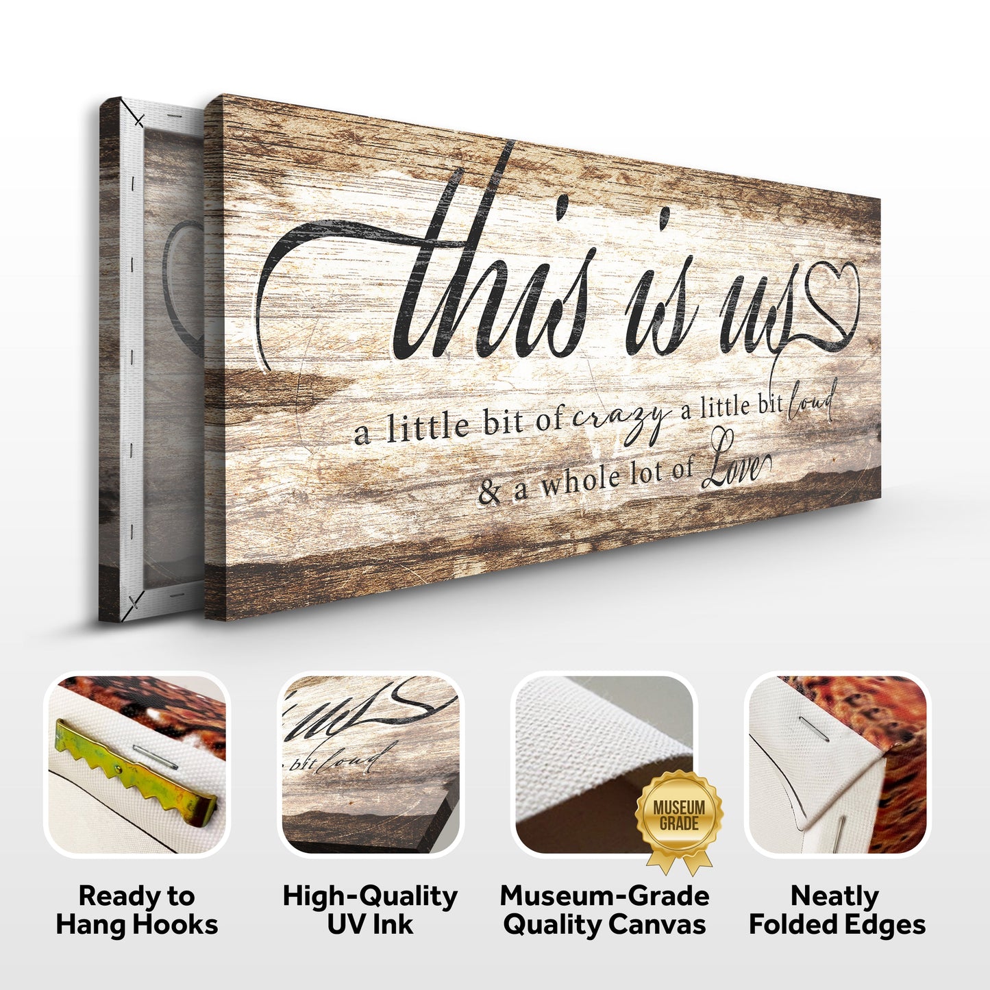 This Is Us Sign canvas by Tailored Canvases, rustic wood grain with black script on Tampa Home & Garden Store