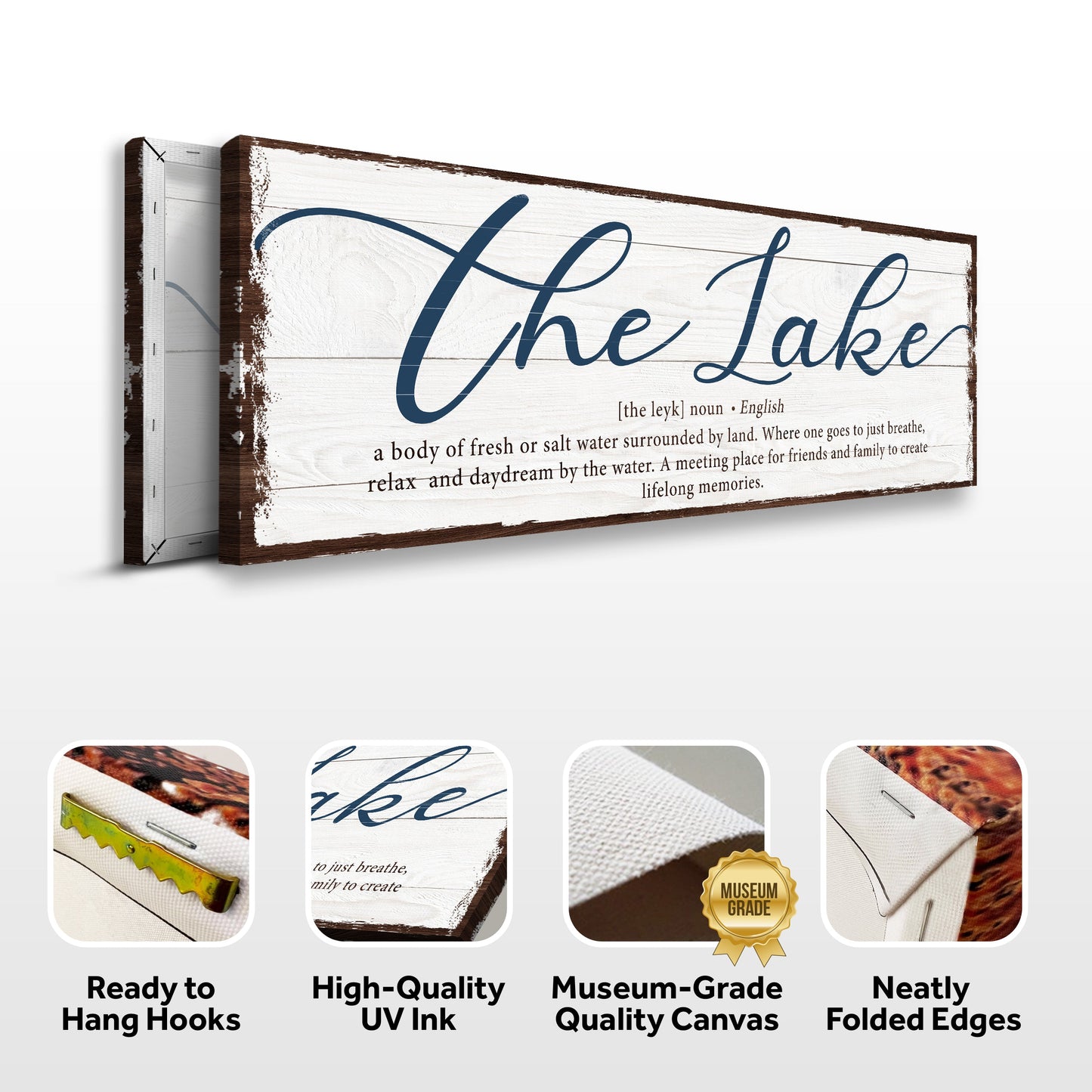 The Definition Of Lake Sign canvas Tailored Canvases with white wood backdrop and blue script on Tampa Home & Garden Store