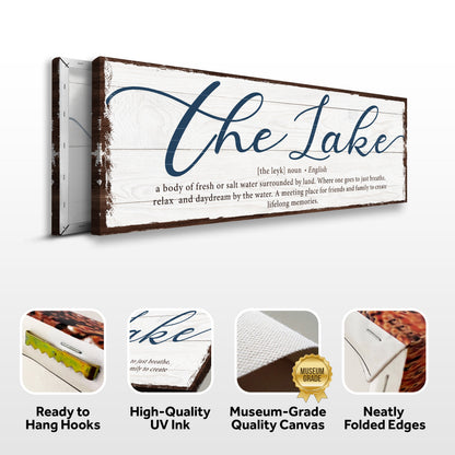The Definition Of Lake Sign canvas Tailored Canvases with white wood backdrop and blue script on Tampa Home & Garden Store