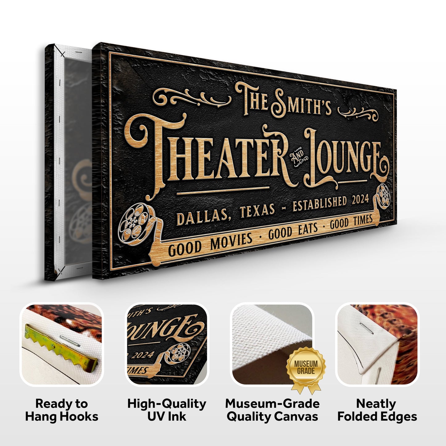 Canvas Personalized Theater Sign II with black textured background and gold lettering on Tampa Home & Garden Store