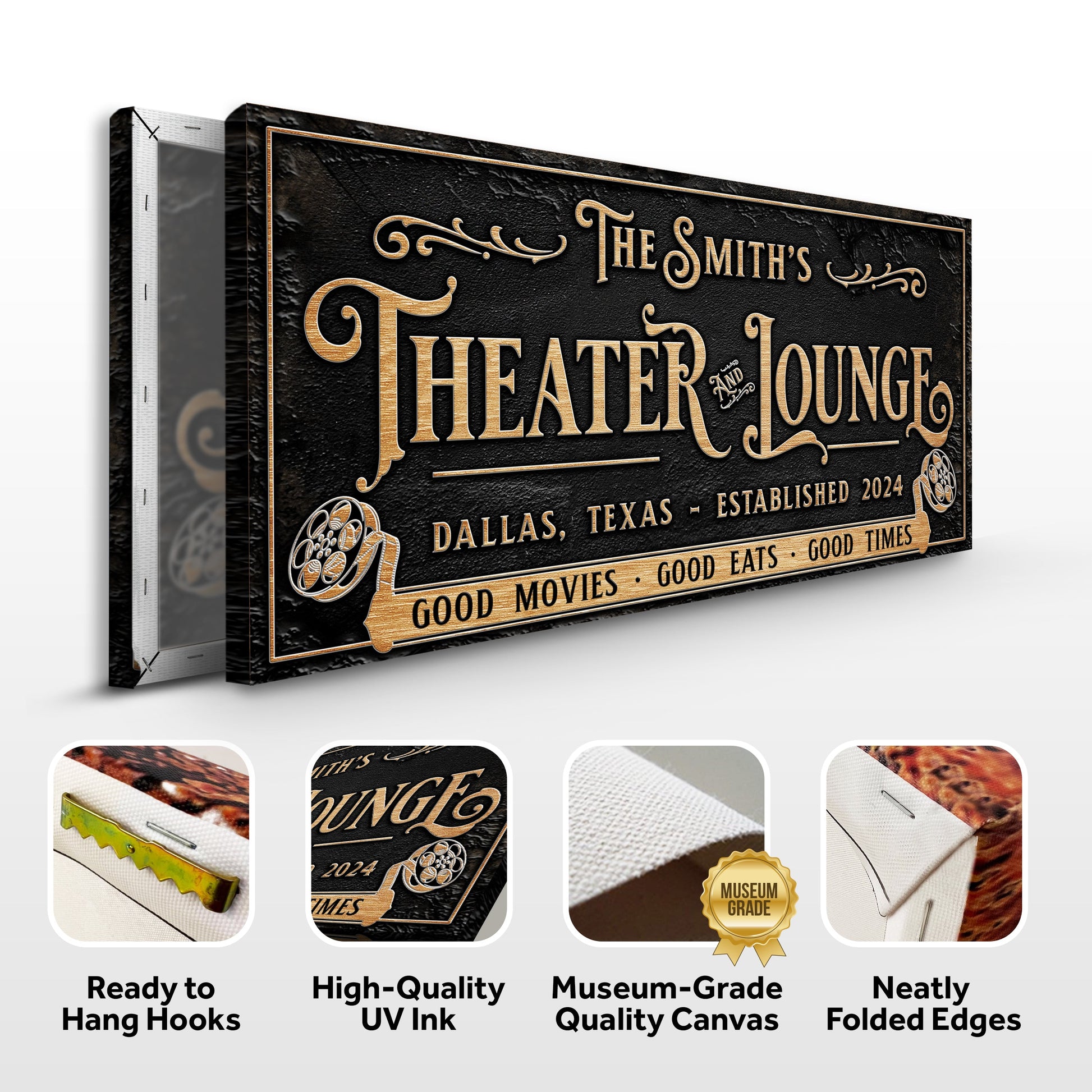 Canvas Personalized Theater Sign II with black textured background and gold lettering on Tampa Home & Garden Store