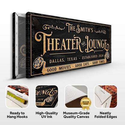 Canvas Personalized Theater Sign II with black textured background and gold lettering on Tampa Home & Garden Store