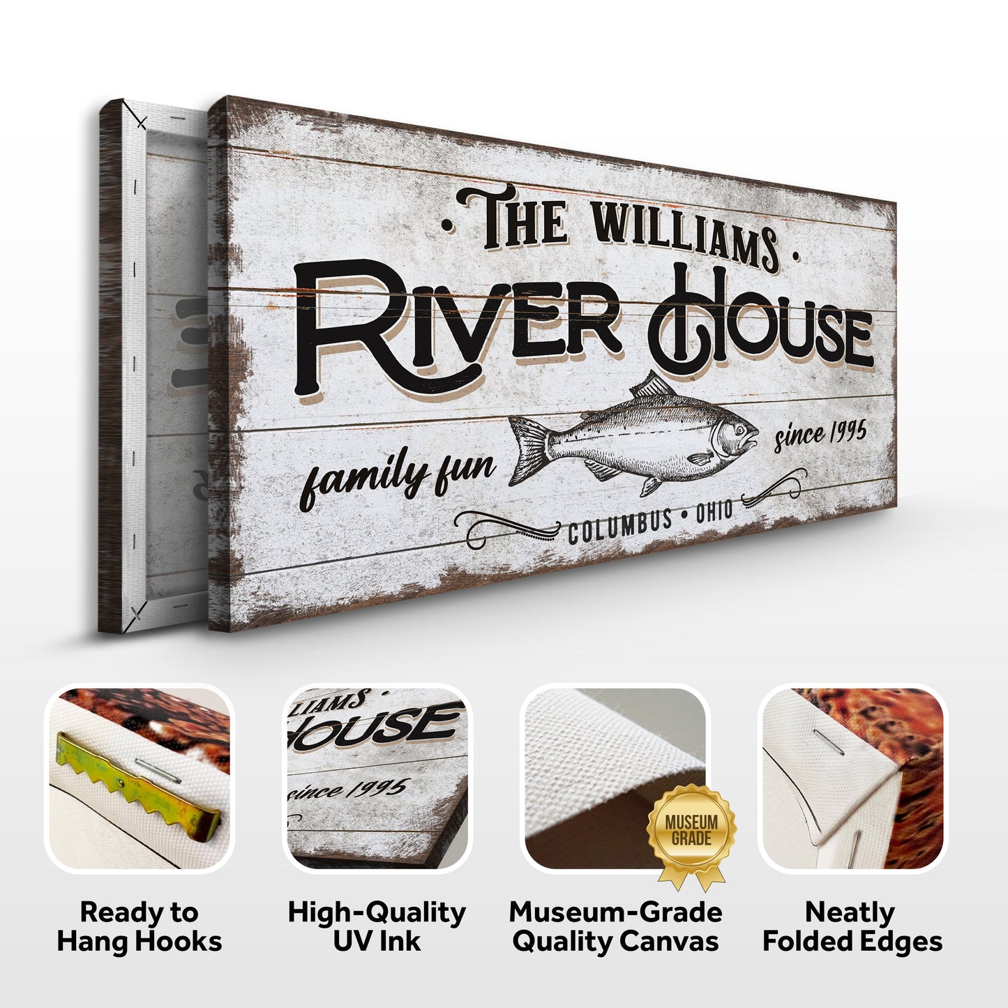 Personalized River House Sign canvas with rustic wood panel design by Tailored Canvases on Tampa Home & Garden Store