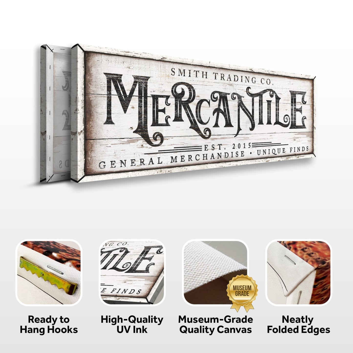 Personalized Mercantile Sign canvas by Tailored Canvases, aged wood with Mercantile lettering on Tampa Home & Garden Store