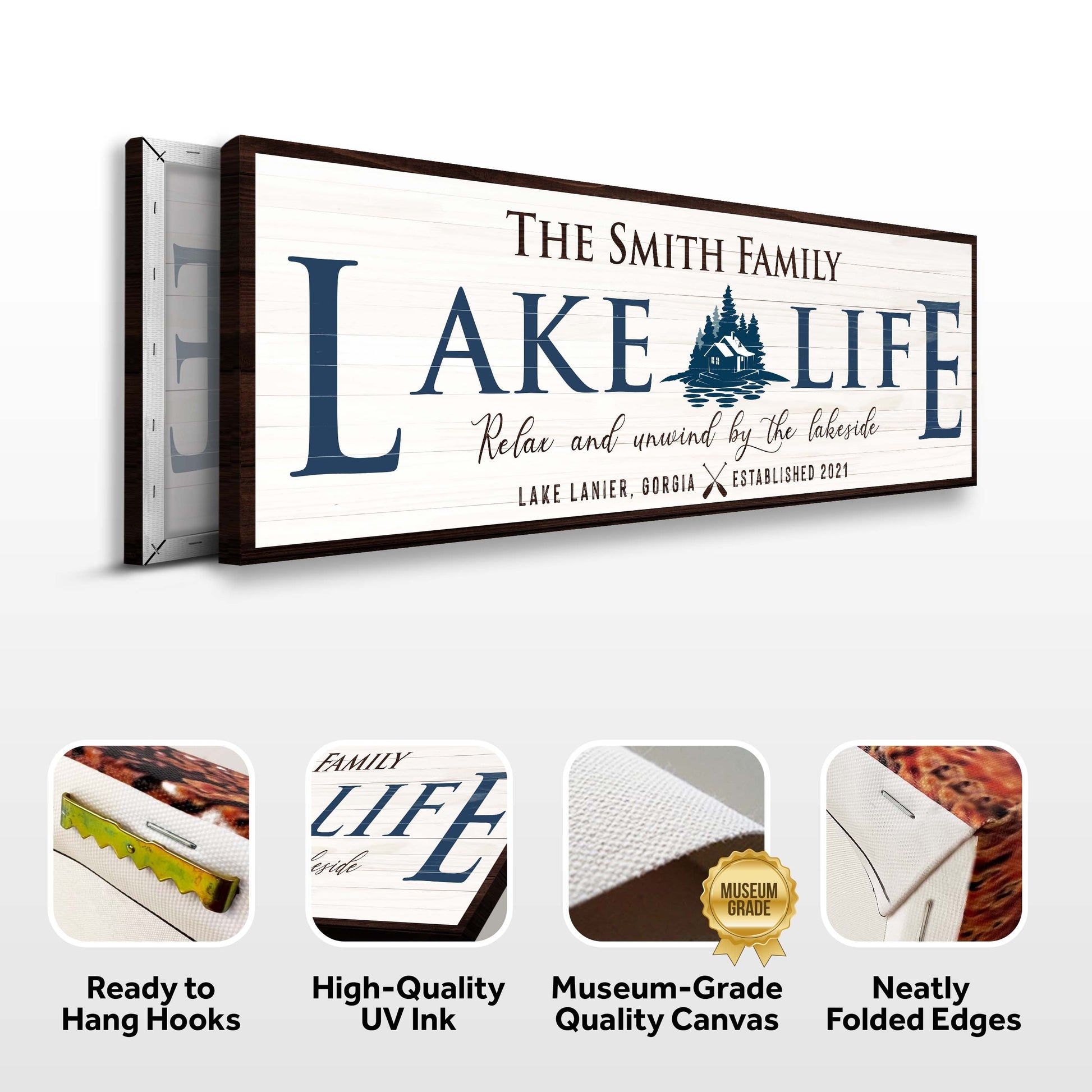 Canvas sign Personalized Lake Life by Tailored Canvases with background and dark wood frame on Tampa Home & Garden Store