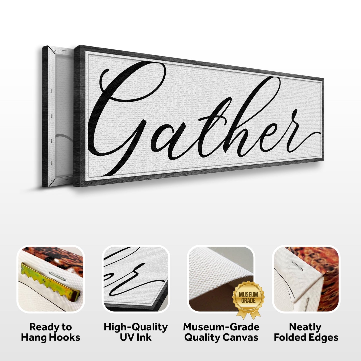 Gather Sign X canvas crafting sign with textured white surface and dark wood frame Tailored Canvases on Tampa Home & Garden Store