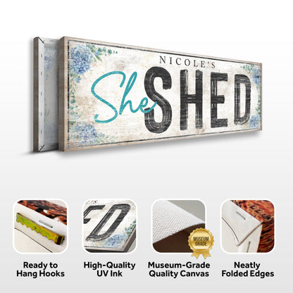 Canvas sign Tailored Canvases Personalized She Shed Sign XI with distressed wood and blue border on Tampa Home & Garden Store