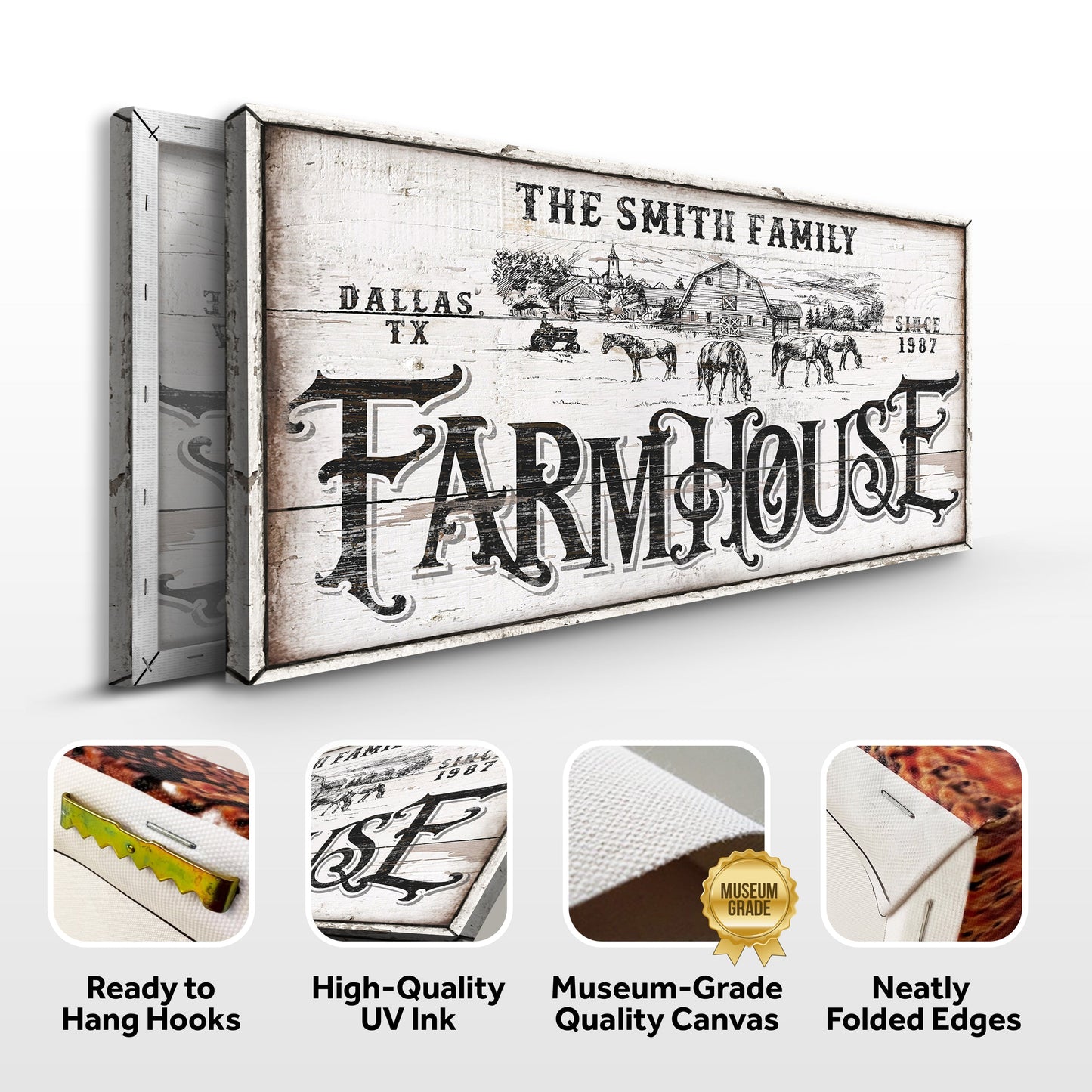 Personalized Farmhouse Sign IV canvas by Tailored Canvases in white wood with farm scene on Tampa Home & Garden Store