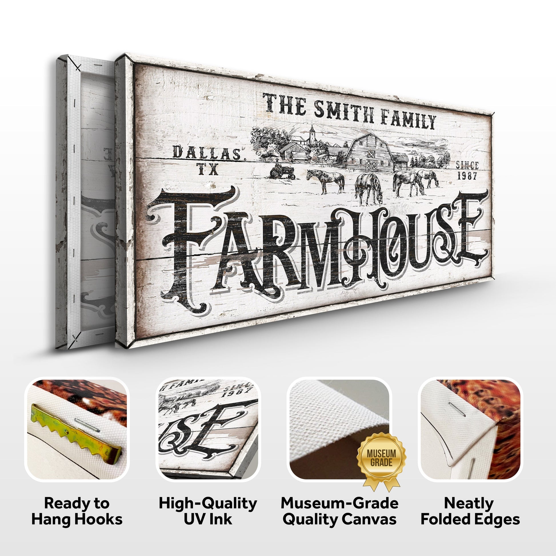 Personalized Farmhouse Sign IV canvas by Tailored Canvases in white wood with farm scene on Tampa Home & Garden Store
