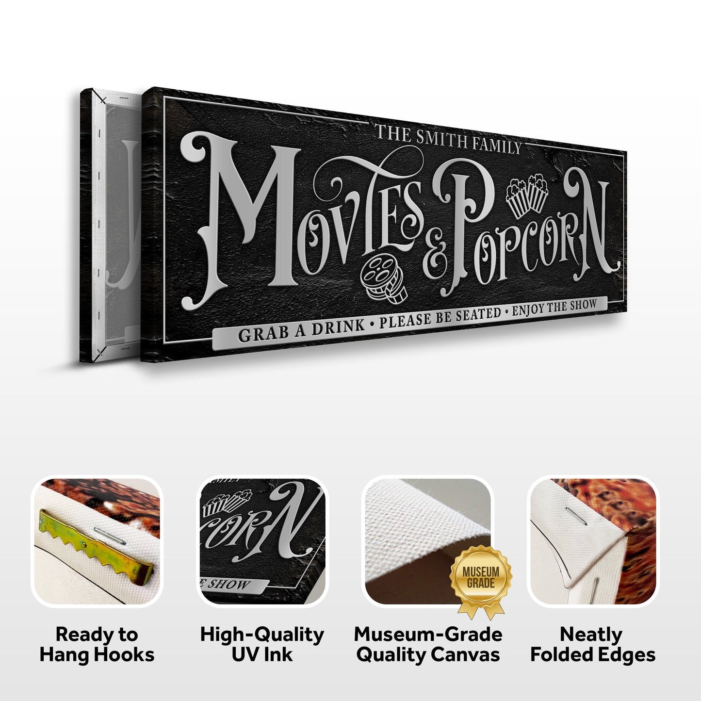 Personalized Movies & Popcorn Sign canvas with lettering on black panel and popcorn icon on Tampa Home & Garden Store