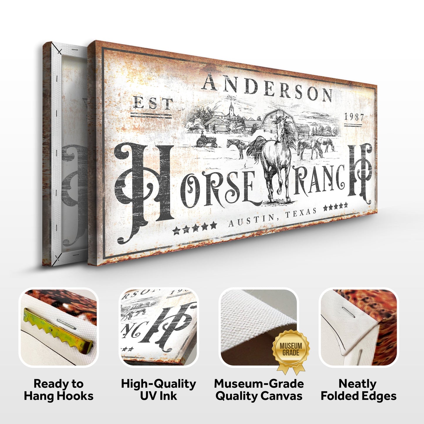 Family Horse Ranch Rustic Sign canvas by Tailored Canvases with vintage barn and horses on Tampa Home & Garden Store