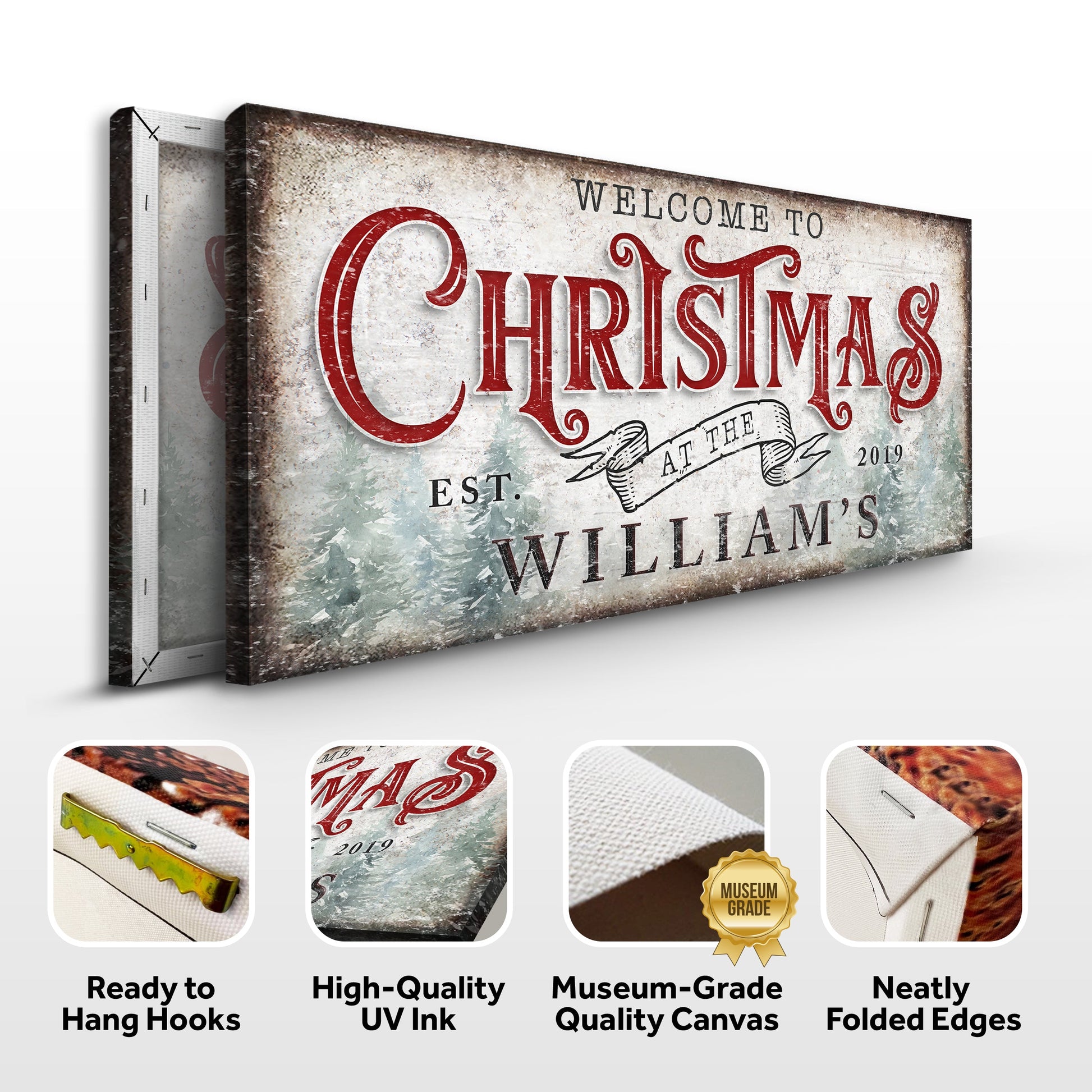 Family Welcome To Christmas Sign IV Canvas with rustic distressed finish and red lettering on Tampa Home & Garden Store