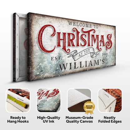 Family Welcome To Christmas Sign IV Canvas with rustic distressed finish and red lettering on Tampa Home & Garden Store