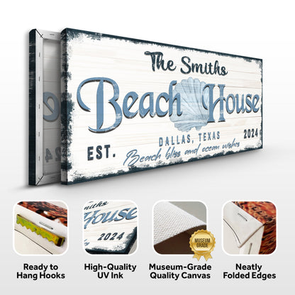 Personalized Beach House Sign IV canvas with white wood and blue lettering Tailored Canvases on Tampa Home & Garden Store