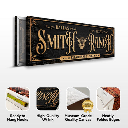 Personalized cattle ranch sign canvas with gold lettering on black Tailored Canvases on Tampa Home & Garden Store