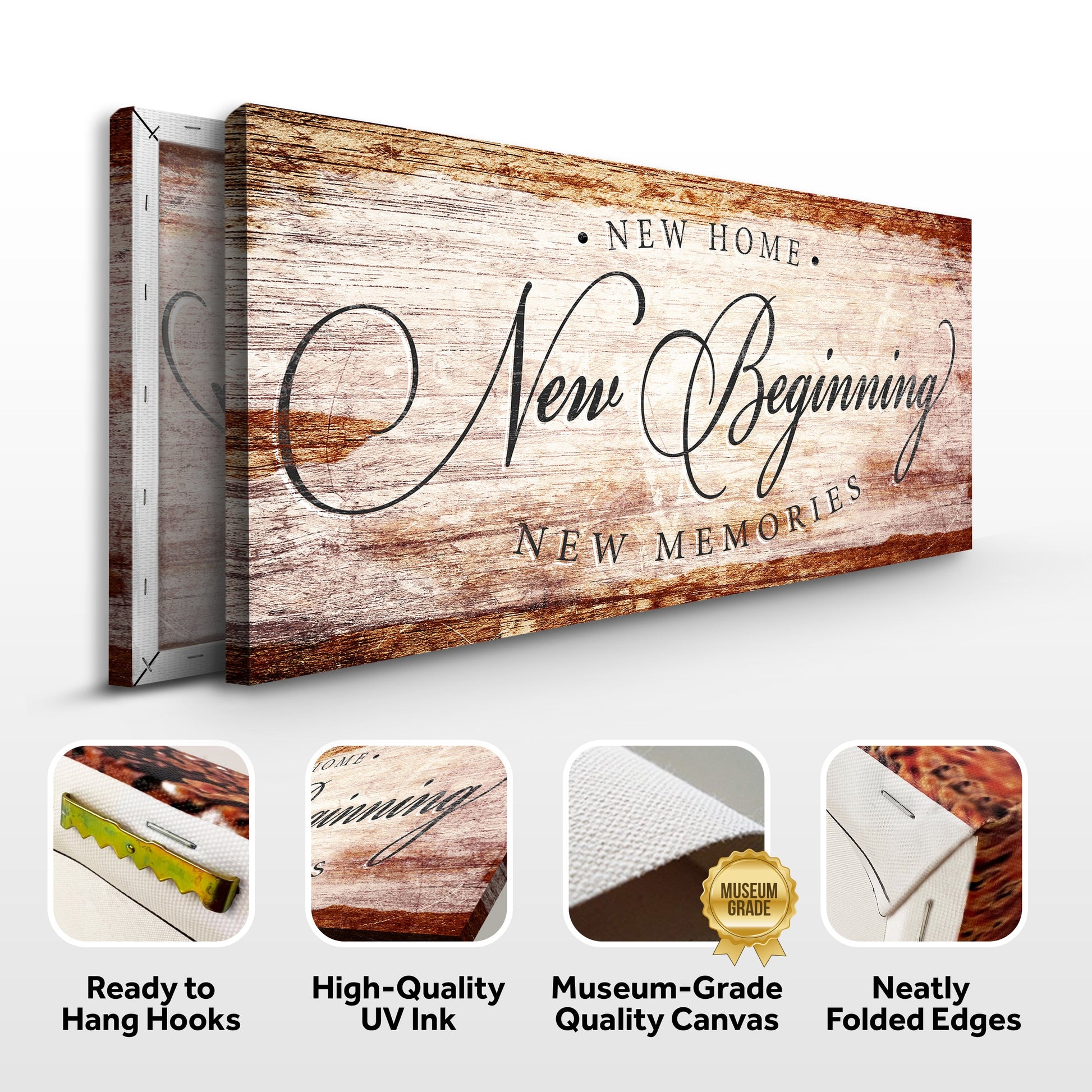 Canvas sign with rustic wood grain displaying New Home and New Beginnings Tailored Canvases on Tampa Home & Garden Store