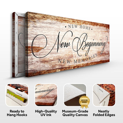 Canvas sign with rustic wood grain displaying New Home and New Beginnings Tailored Canvases on Tampa Home & Garden Store