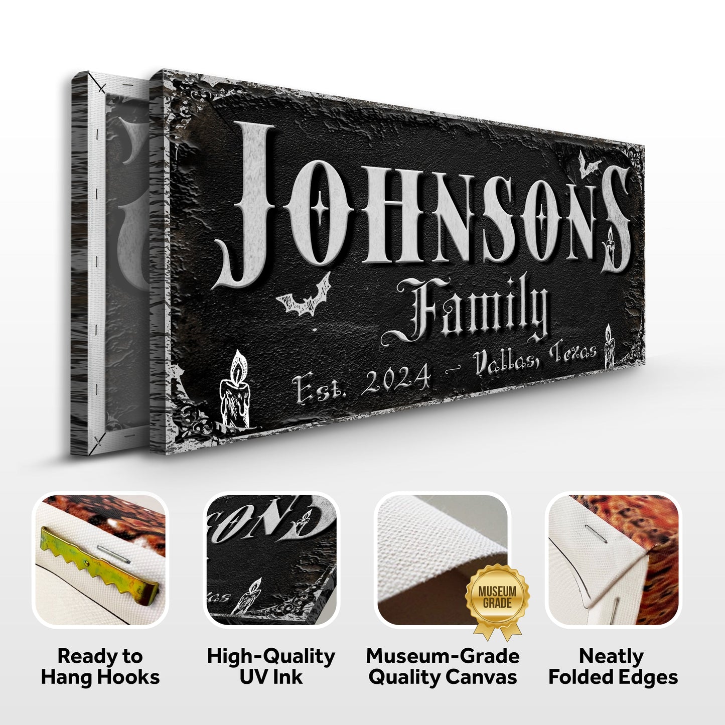 Personalized Gothic Sign V canvas by Tailored Canvases with black texture and white raised lettering on Tampa Home & Garden Store