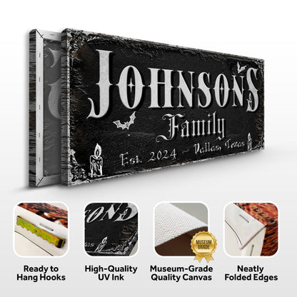 Personalized Gothic Sign V canvas by Tailored Canvases with black texture and white raised lettering on Tampa Home & Garden Store