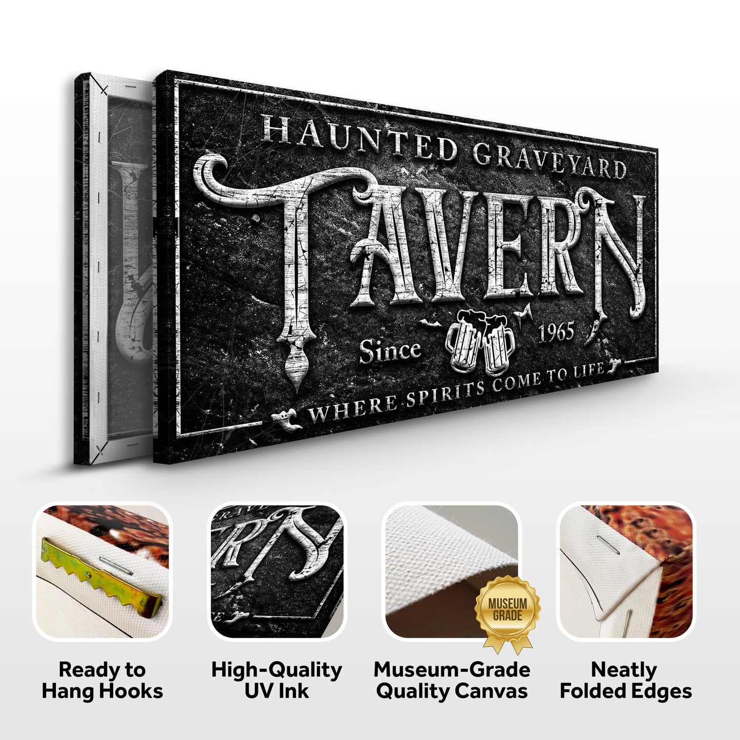 Canvas Haunted Graveyard Tavern Halloween Sign II by Tailored Canvases black distressed finish on Tampa Home & Garden Store