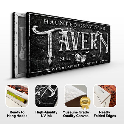 Canvas Haunted Graveyard Tavern Halloween Sign II by Tailored Canvases black distressed finish on Tampa Home & Garden Store