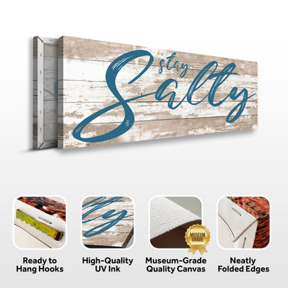 Stay Salty Coastal Sign II canvas by Tailored Canvases with weathered wood backdrop and blue script on Tampa Home & Garden Store