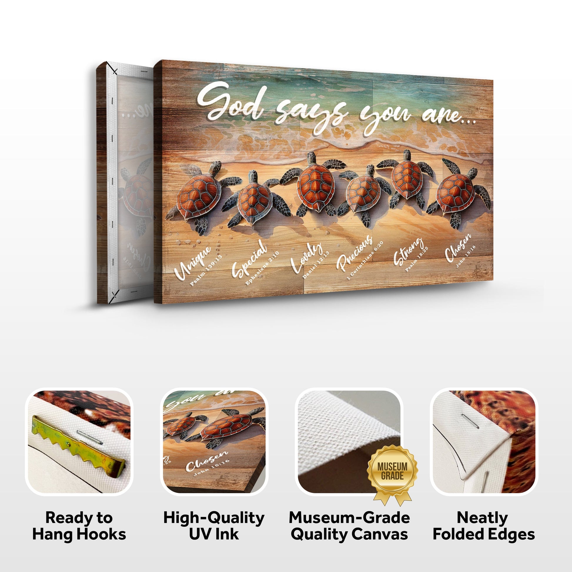 God Says You Are Faith Sign canvas by Tailored Canvases with wood backdrop and turtles on shore on Tampa Home & Garden Store