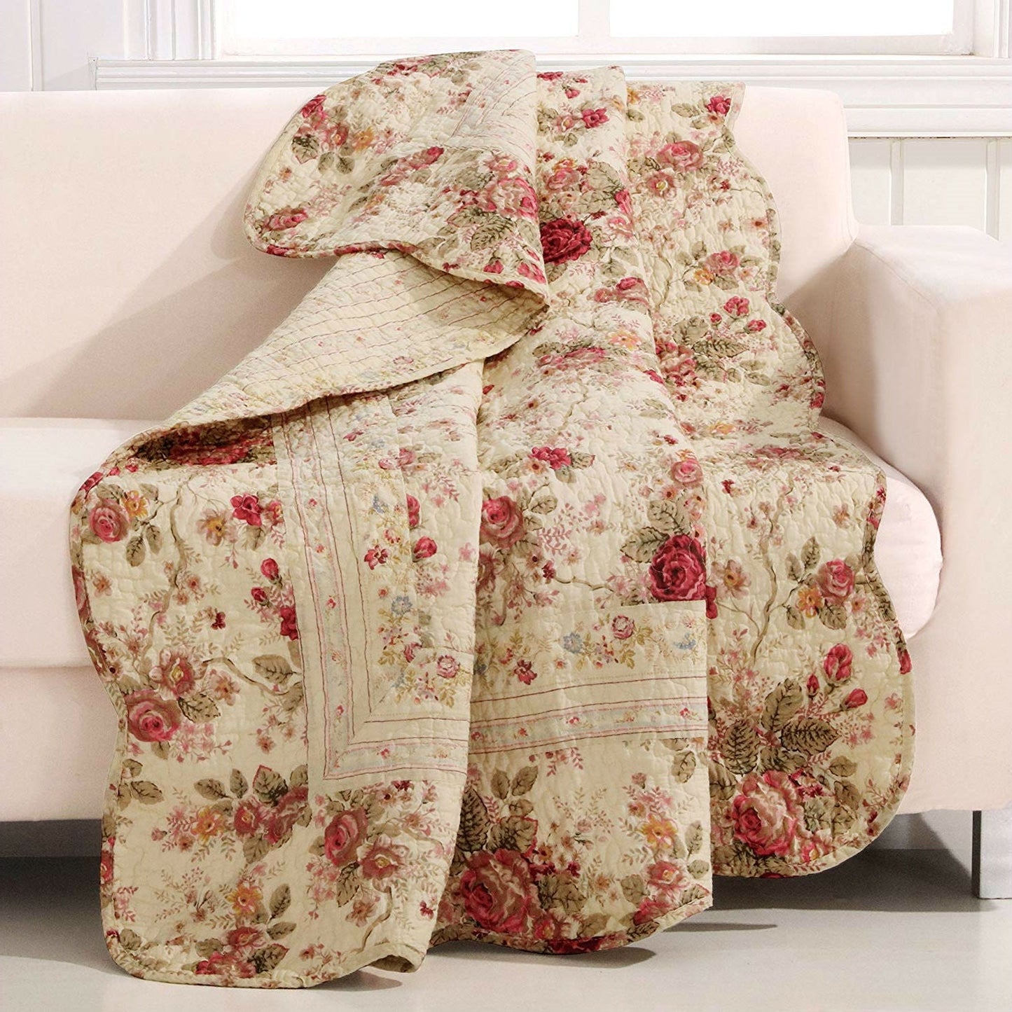 Manta con motivos florales de rosas en rojo, rosa, dorado y crudo, 100% algodón