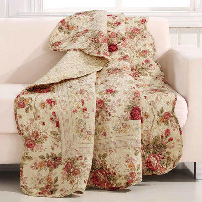 Manta con motivos florales de rosas en rojo, rosa, dorado y crudo, 100% algodón