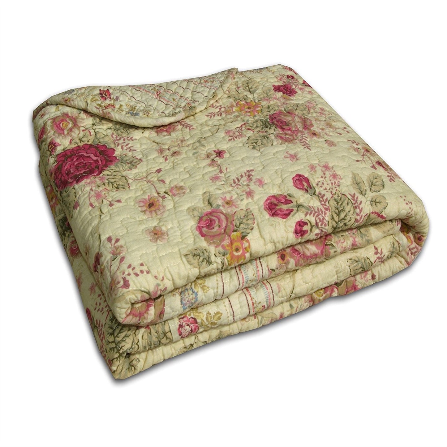 Manta con motivos florales de rosas en rojo, rosa, dorado y crudo, 100% algodón