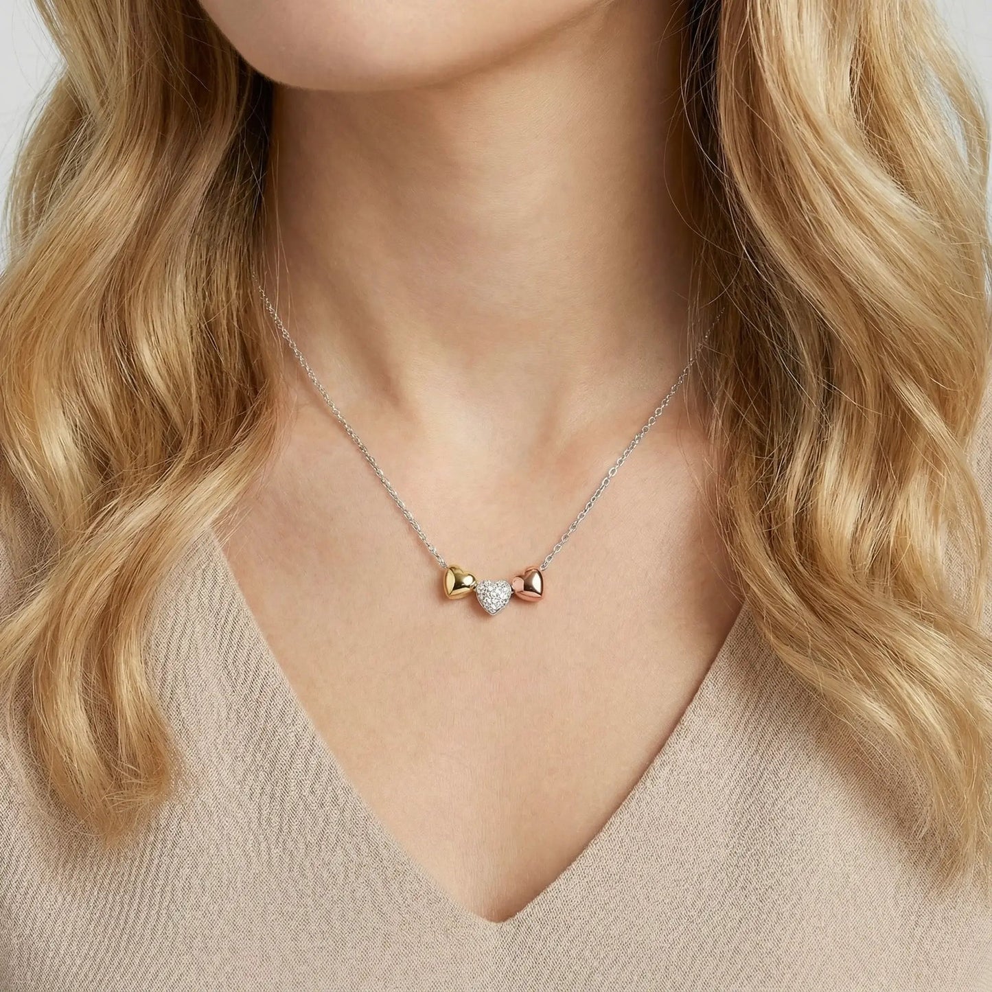 Three Heart Slider Necklace with Crystals