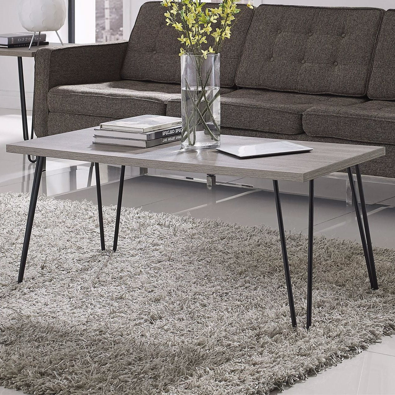 Mesa de centro de estilo clásico moderno vintage con tapa de madera y patas de metal