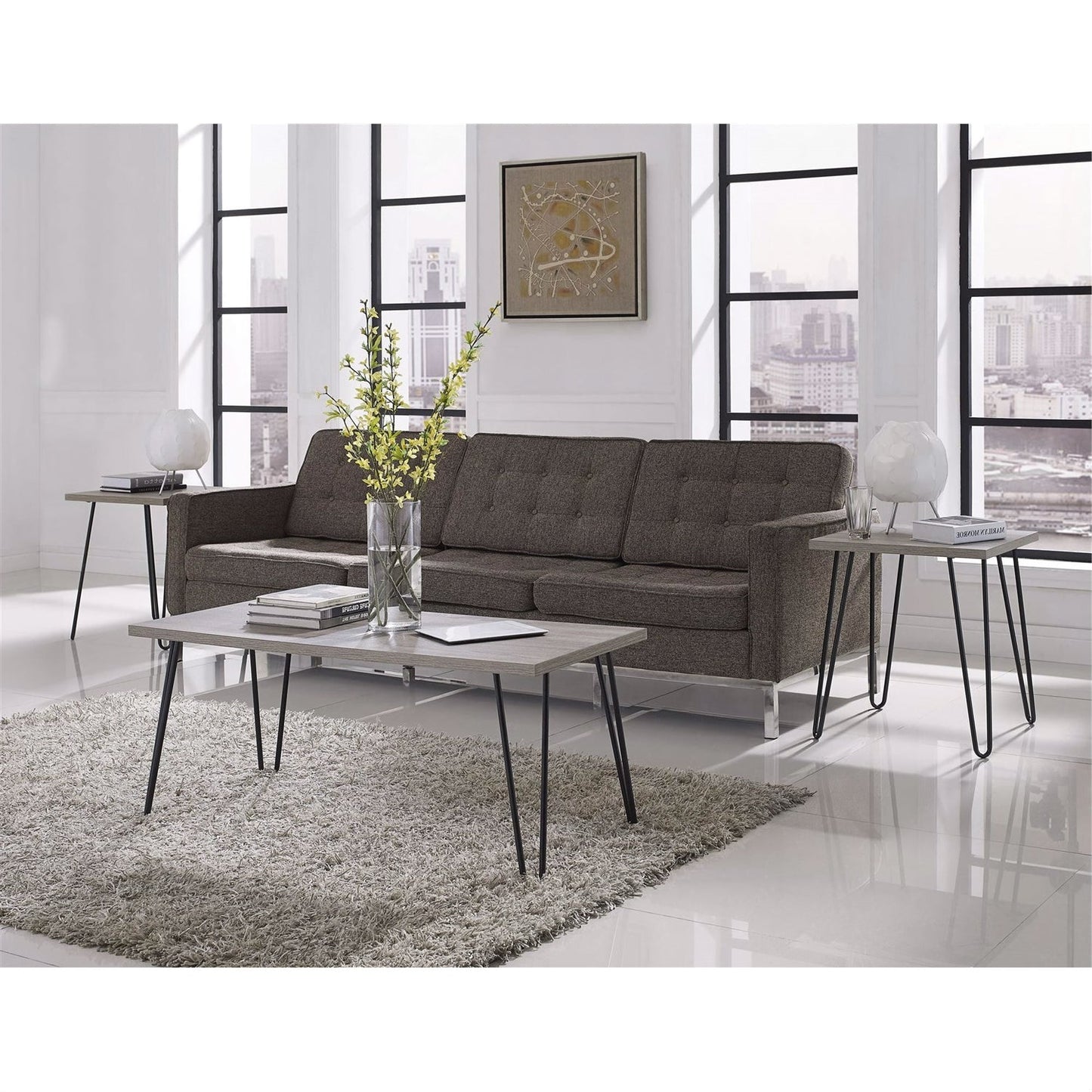 Mesa de centro de estilo clásico moderno vintage con tapa de madera y patas de metal