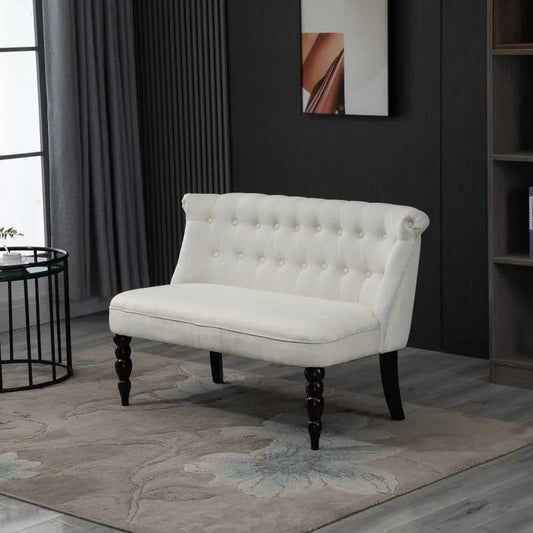Scandinavian 2 Seater Button Tufted Loveseat Wooden Legs Cream White Linen - Tampa Home & Garden Store
