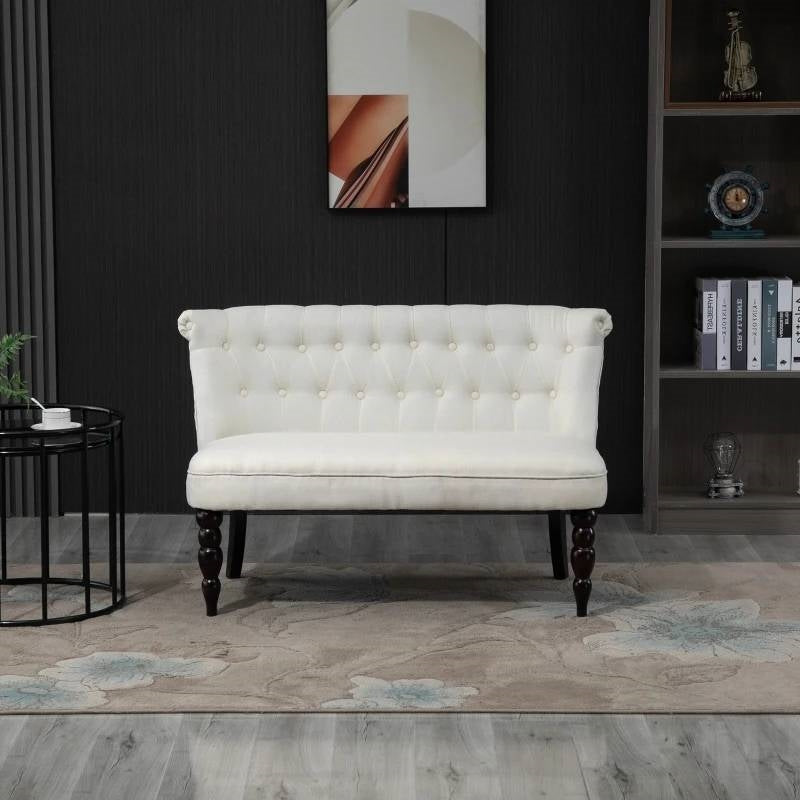 Sofá de dos plazas escandinavo con botones, patas de madera, lino color blanco crema