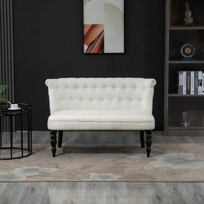 Sofá de dos plazas escandinavo con botones, patas de madera, lino color blanco crema