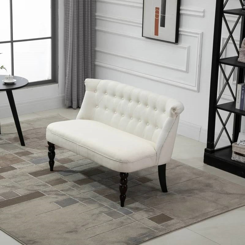 Sofá de dos plazas escandinavo con botones, patas de madera, lino color blanco crema