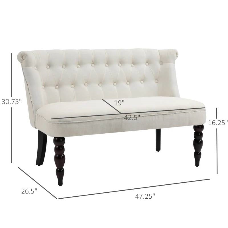 Sofá de dos plazas escandinavo con botones, patas de madera, lino color blanco crema