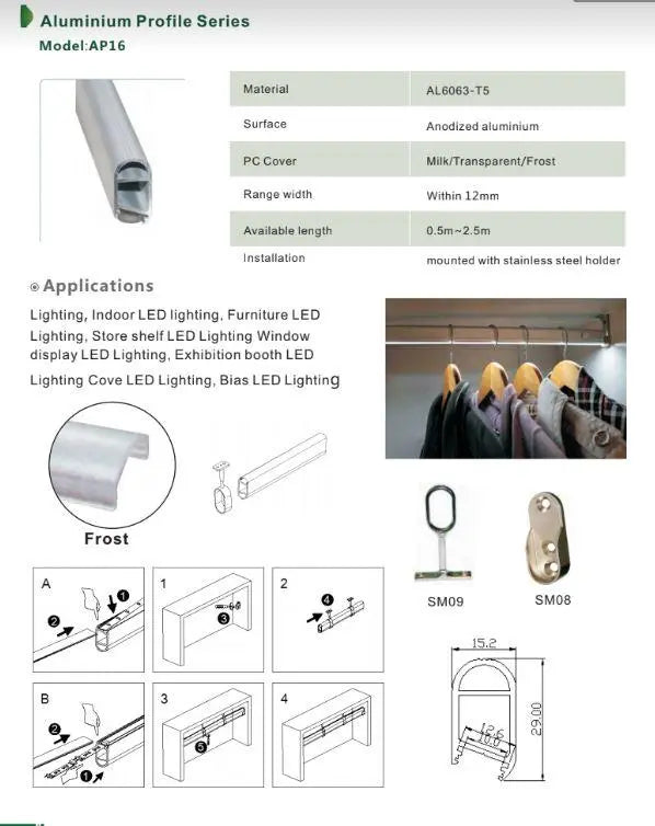 AP16F Aluminum 8 ft Oval Wardrobe Hanging Rail 10 Pack LED lighted Closet Rod Fixture