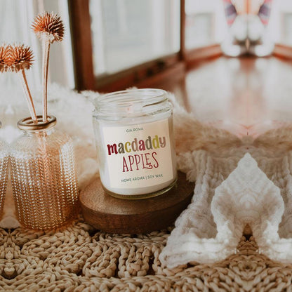 Mac Apple Candle by Gia Roma, soy wax candle in a clear glass jar with macdaddy apples on Tampa Home & Garden Store