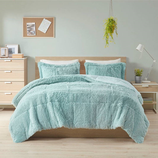 Full/Queen Soft Sherpa Faux Fur 3-Piece Comforter Set in Light Teal Blue - Tampa Home & Garden Store