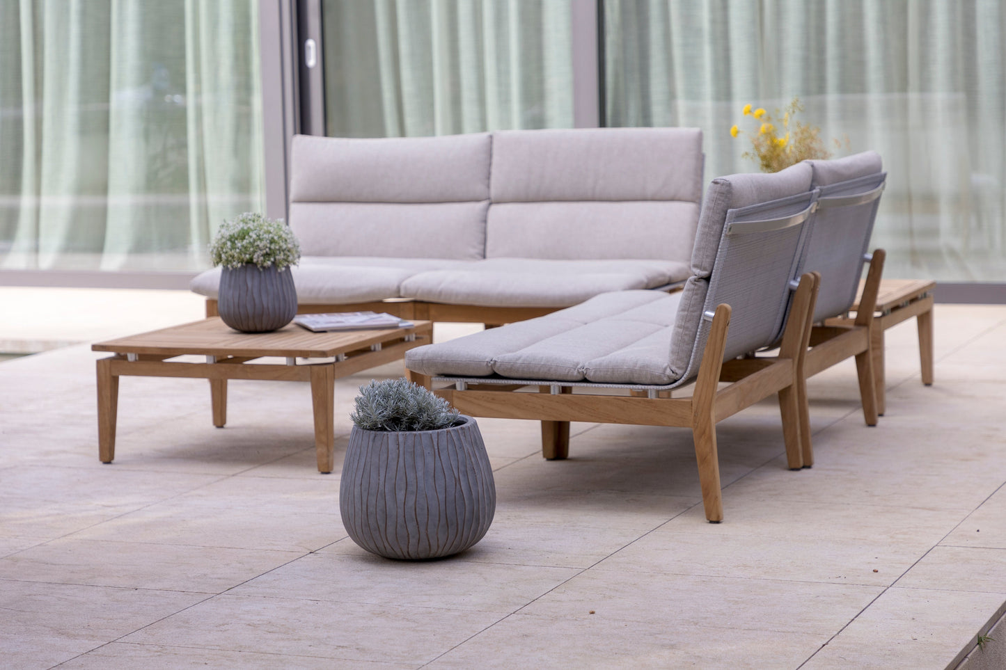 Arno 6pc Corner Set Light with light gray cushions and wood frame by LifestyleGarden US on Tampa Home & Garden Store