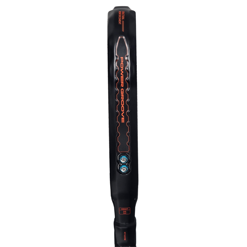 Padel racket Metalbone 2026 in black with orange Power Groove graphic, vertical view on Tampa Home & Garden Store