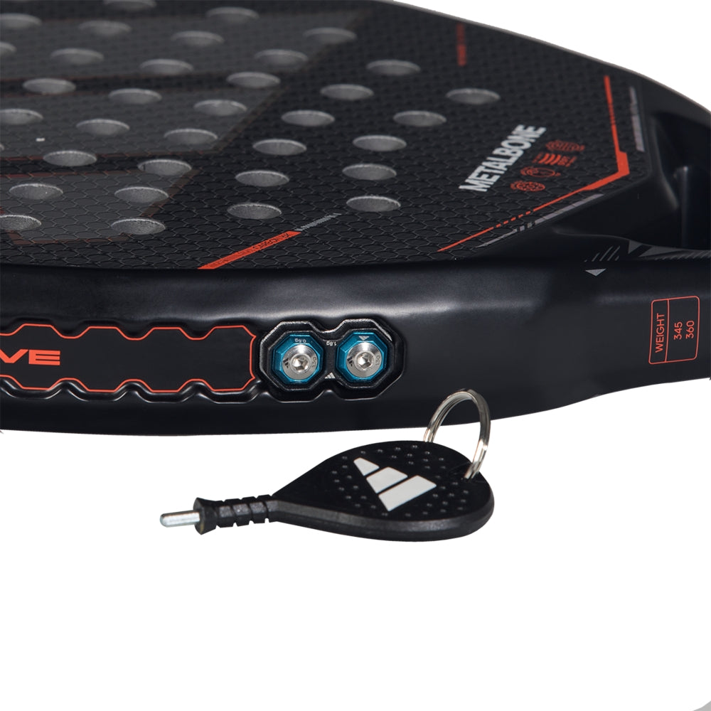 Adidas Metalbone 2026 padel racket with black body, blue bolts, red trim, Adidas keyring on Tampa Home & Garden Store