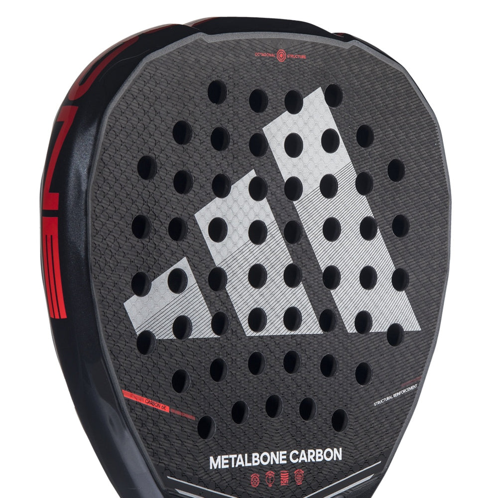 Adidas Metalbone Carbon padel racket with black perforated face and white Adidas stripes on Tampa Home & Garden Store
