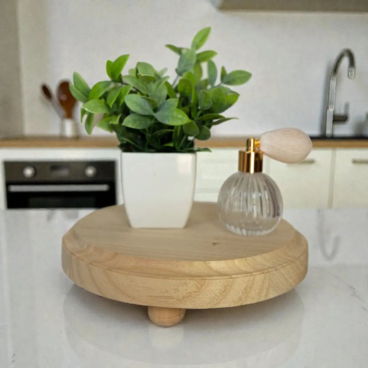 Rustic round wood jewelry tray on pedestal by Gia Roma with wood finish on kitchen island on Tampa Home & Garden Store