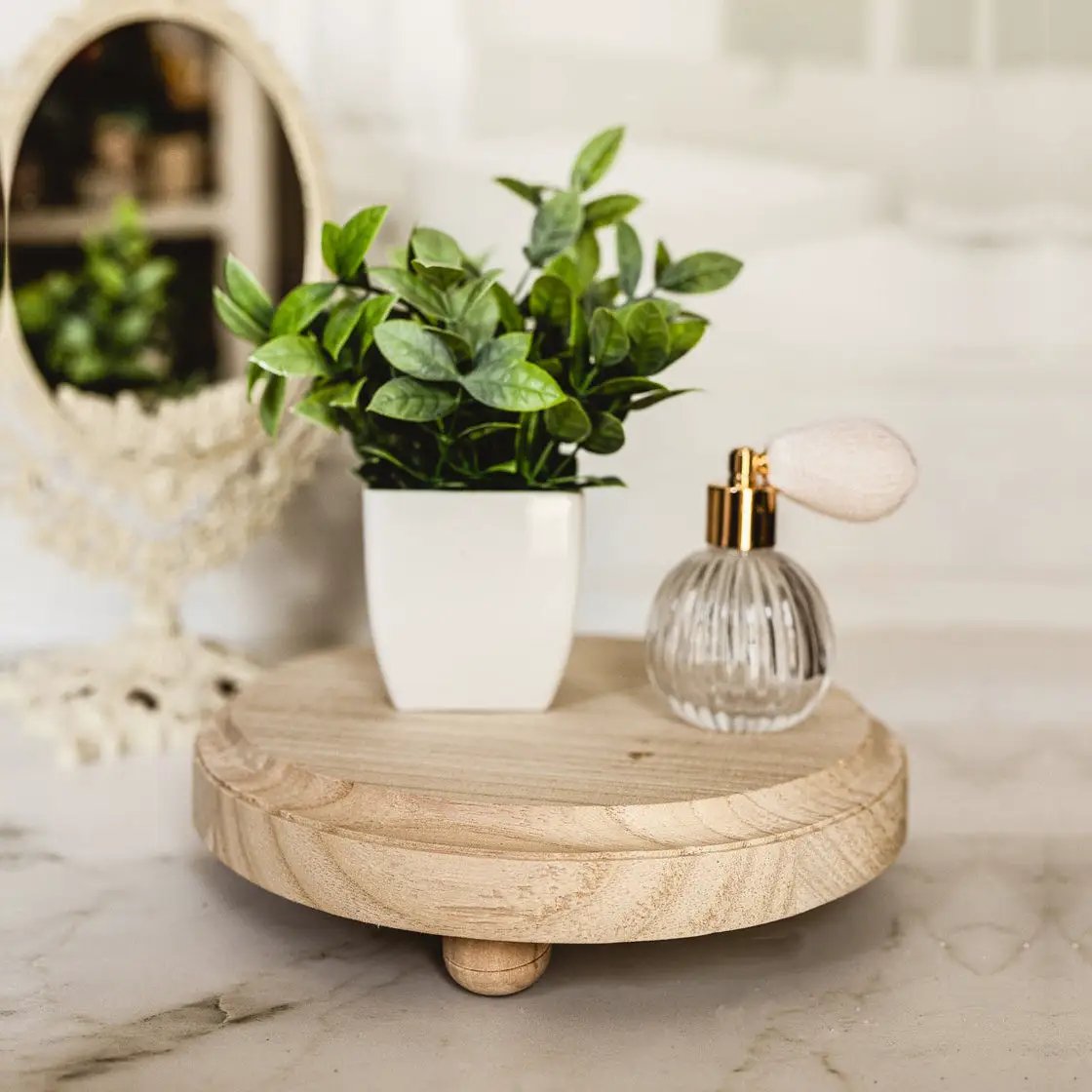 Gia Roma Rustic Round Wood Jewelry Tray on Pedestal with natural wood finish on Tampa Home & Garden Store